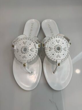 Jack Rogers White Leather Thong Sandals with Gold Studs